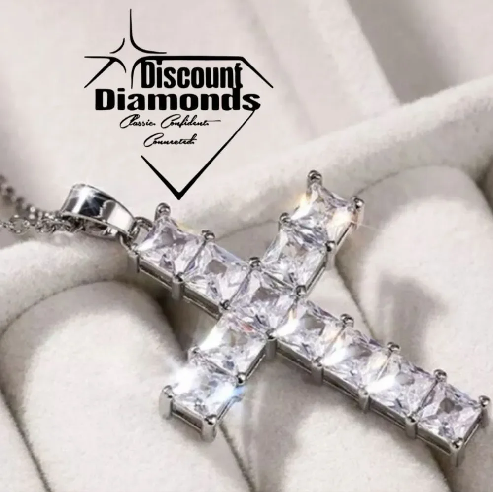 Clear White Halo Diamond Cross Pendant Necklace on 925 Sterling Silver